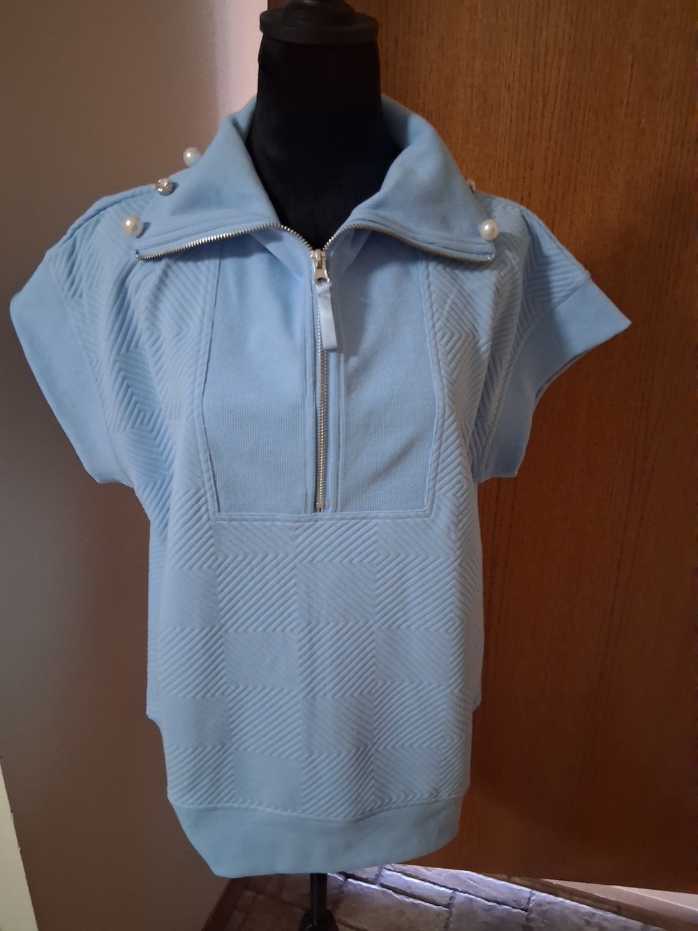 Simply Southern Light Blue Pearl-Collar Zip Pullover Top